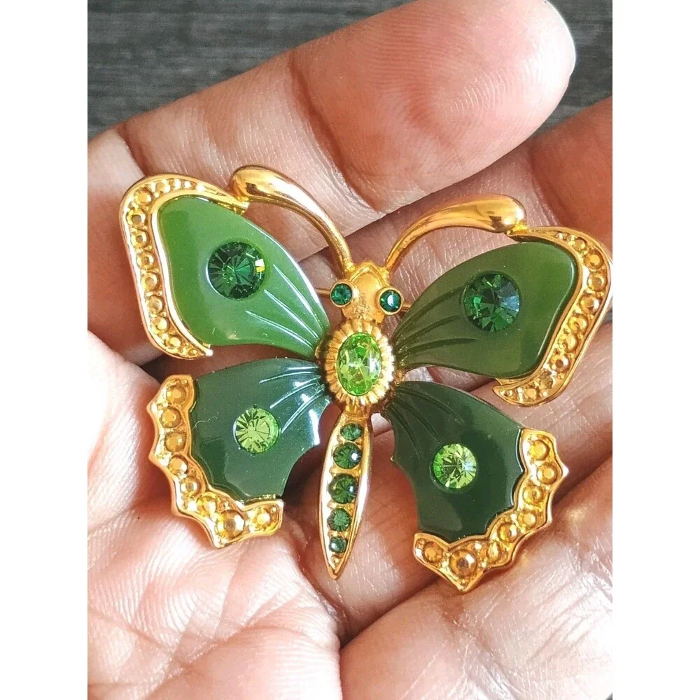 Joan Rivers Butterfly Jewels Of The Far East Green Rhinestone Gold Tone Brooch